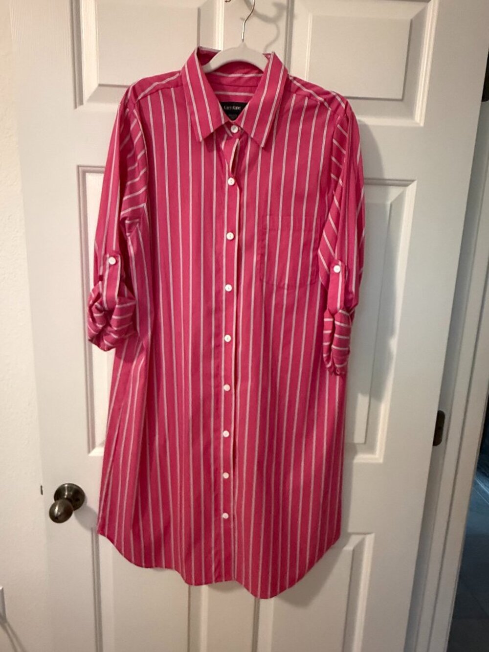 NWOT Karen Kane Bright Pink Stripe Roll-Tab Shirtdress